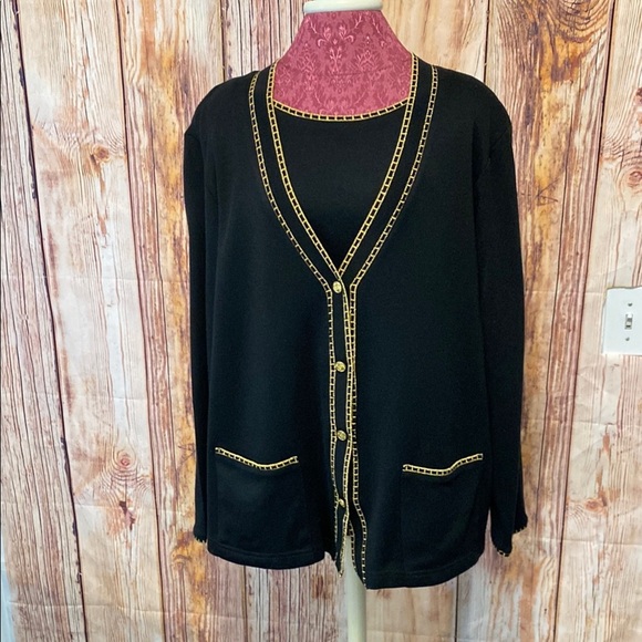 Cathy Daniel’s Sz Large Womens Black Cardigan Button Down Sweater with Gold Trim - Picture 1 of 7